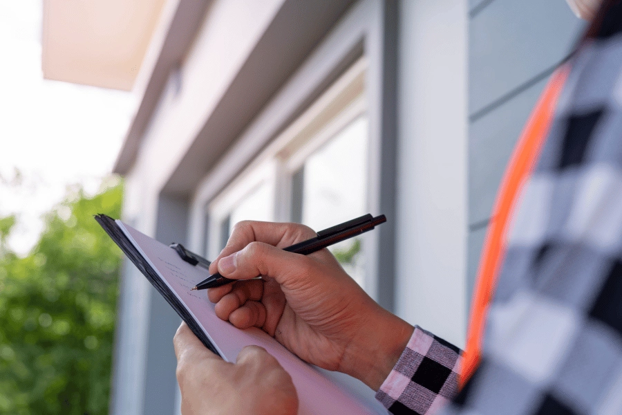 worker conducting a home inspection with a reflective vest and clipboard